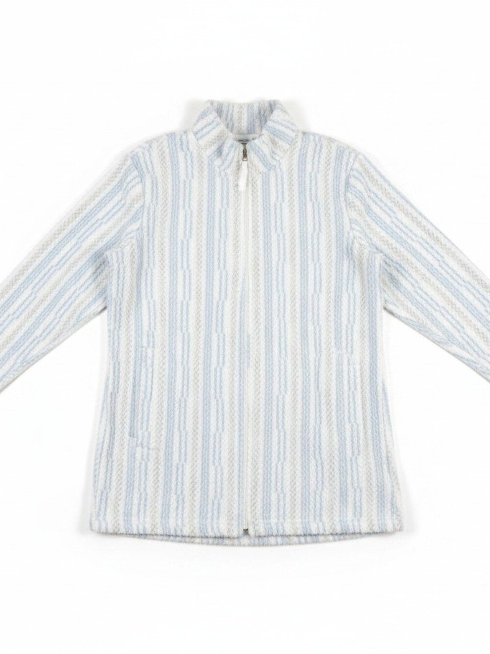 Stan Herman Blue White Striped Dimple Fleece Mock Neck Full Zip Lounge Top